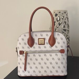 Dooney & Bourke DB Monogram Domed Satchel White/Tan Leather NWT Condition